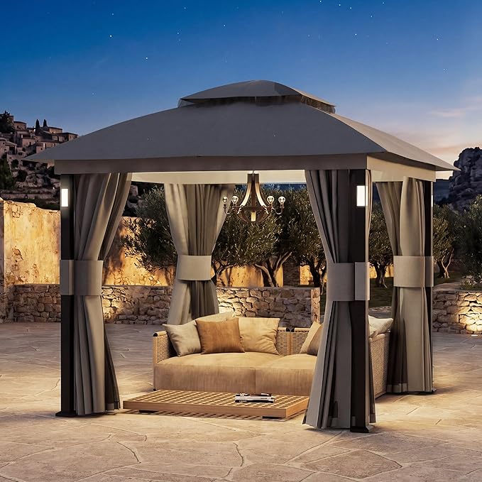Covered Outdoor Patio Gazebo 8'x8' with LED Lights & Bluetooth Speaker, Heavy Duty Outdoor Canopy Shelter with Metal Frame, Double Roofs, Soft Top Gazebo with Netting and Curtains for Backyard, Gray