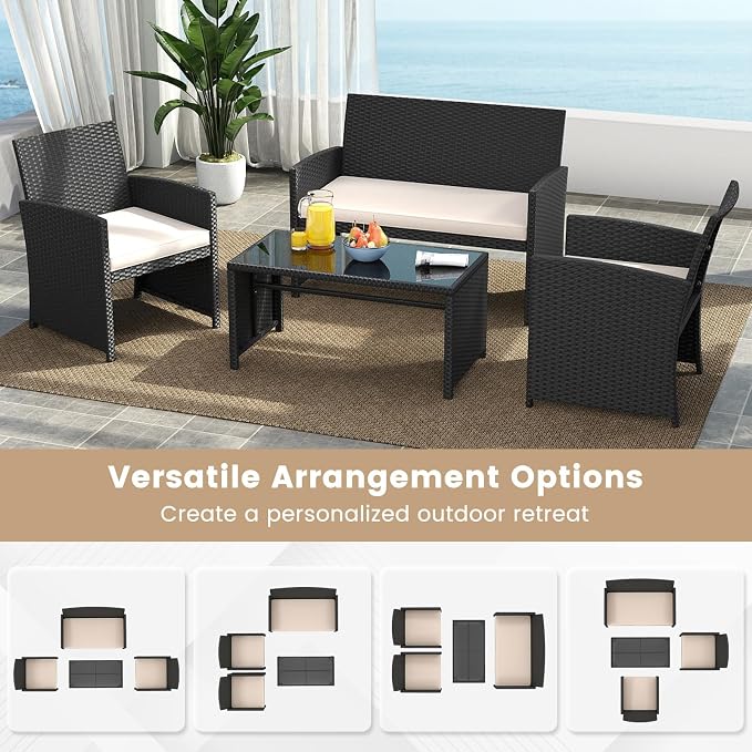 Tangkula 8 Pieces Patio Wicker Furniture Set, Outdoor Heavy Duty Rattan Cushioned Chairs, Loveseat and Tempered Glass Coffee Table, for Backyard, Balcony, Poolside (2, Off White)
