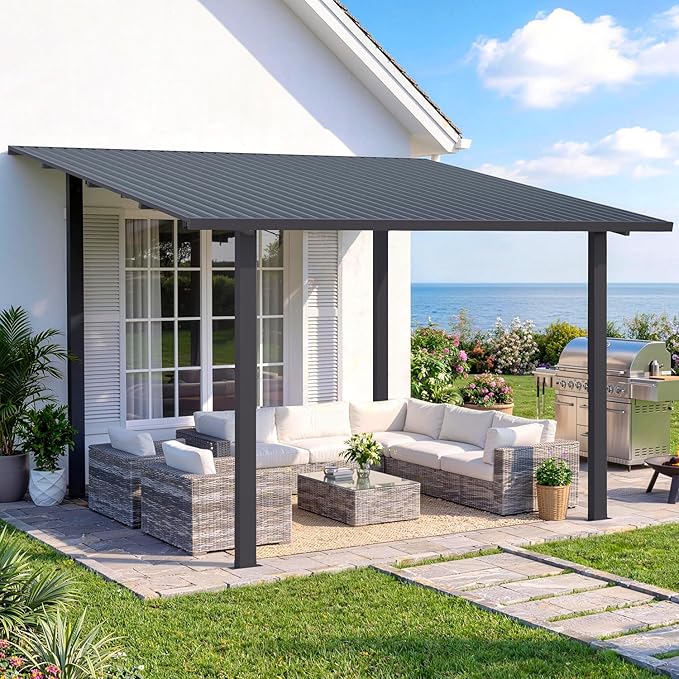 AECOJOY 12' x 10' Outdoor Hardtop Lean to Gazebo for Patio, Large 10x12 Metal Pergola Gazebo, Wall-Mounted Pergolas and Gazebos Clearance, Galvanized Steel Metal Patio Roof Awnings for Patio