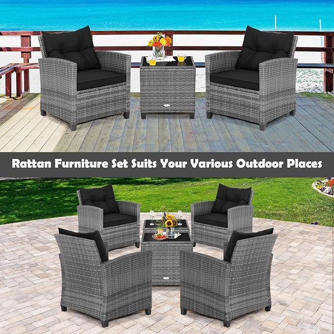 HAPPYGRILL 3 Pieces Patio Conversation Set, Outdoor Furniture Set PE Rattan Sofa Set with Removable Cushions, PE Wicker Chairs with Tempered Glass Side Table for Porch Lawn Garden Balcony Backyard