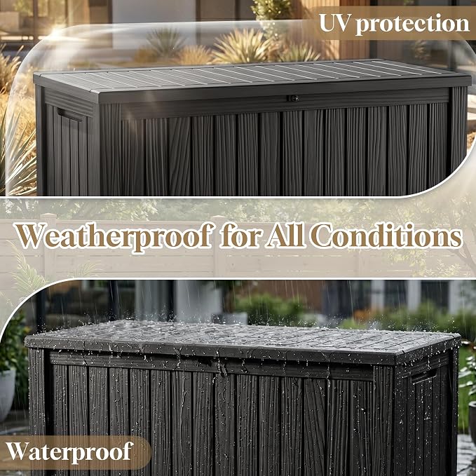 ROJIK 150 Gallon Outdoor Storage Box Waterproof,Weatherproof Deck Boxes Outdoor Lockable,Resin Outside Storage Box for Garden Tools,Cushions,Pool Accessories(Black,150 Gal)