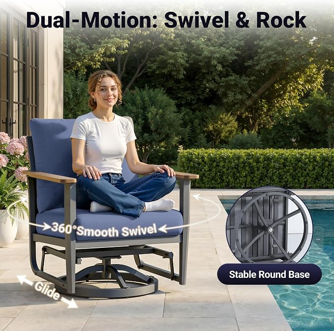 Aluminum Swivel Rocking Chairs with Ottomans, 5-Piece Outdoor Patio Furniture Set, Metal Gliders with Side Table, Wood-Like Armrests & 5.1" Thick Cushions for Porch, Navy Blue