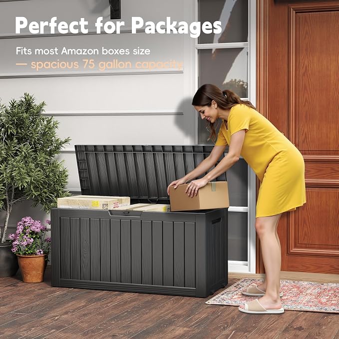 LubanNese Outdoor Storage Box, Waterproof Deck Box, Outdoor Patio Storage Bin, Weatherproof (Black, 75 Gallon)