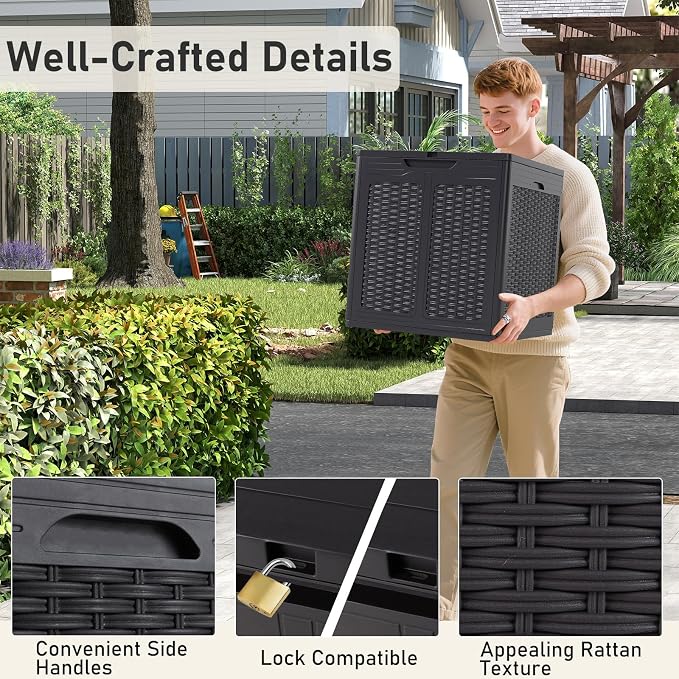 Giantex 39 Gallon Outdoor Storage Box, PP Deck Container with Rattan Patterns & Lockable Lid, Patio Plastic Storage Bin for Package Delivery, Garden Tools, Patio Cushions (39 Gal,Brown)