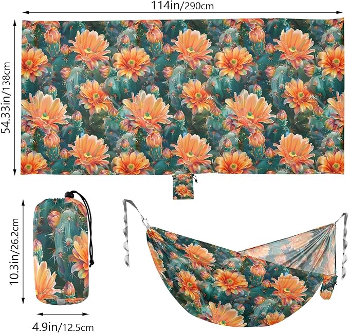 Camping Hammock Outdoor Hammocks for Outside Cactus Orange Flowers Beach Trees Portable Lightweight with Pockets Tree Straps Indoor