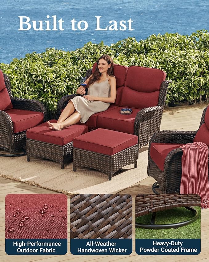 HILLGA Luxury Outdoor Patio Furniture Set with 6-Inch Thick Cushions,High Back Wicker Swivel Rocker Chairs, 5 Pcs All Weather Conversation Set for Large Deck, Yard and Poolside, Burgundy (V3)