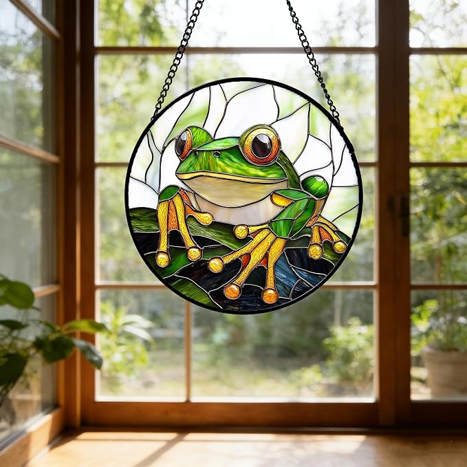 DASTOLL Stained Glass Window Hanging, Green Frog White Petals Sun Catchers Colorful Glass Panel Cute Suncatcher Decor for Birthday for Women, Men, Wife, Aunt, and Mom 7.8 in