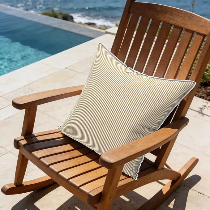 LVTXIII Outdoor/Indoor Pillow Covers, Patio Fade Resistant Throw Pillow Covers ONLY, Waterproof Farmhouse Accent Cushion Cases for Sofa Patio Couch Decoration 18"x18" Set of 2, Strip Beige