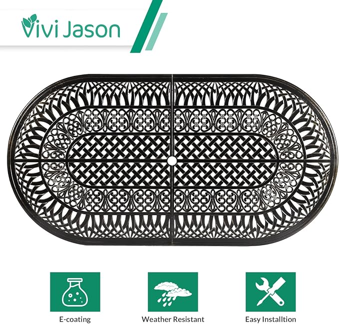 VIVIJASON 9-Piece Patio Furniture Dining Set, Rust-Free Cast Aluminum Outdoor Conversation Set, Include 8 Cushioned Chairs and an Oval Table with Umbrella Hole for Balcony Lawn Garden Backyard