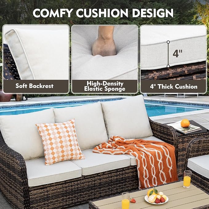MEISSALIVVE Patio Furniture Set with Swivel Rocking Chairs, 6 Pieces Patio Conversation Set, Outdoor Wicker Sofa Couch with Waterproof Cushions for Lawn Backyard Porch (Brown)