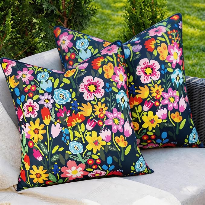 Adabana Outdoor Waterproof Floral Pillow Covers 18x18 Inch | Colorful Outdoor Pillow Covers Summer Decirative for Patio Furniture Porch Garden Pillows