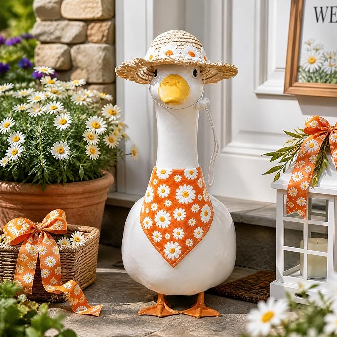 Summer Floral Porch Goose Outfit - 2Pcs Cute Orange Daisy Flower Clothes with Straw Hat & Bandana Bib, Garden Lawn Decoration for 23 Inch Cement/Plastic Statue
