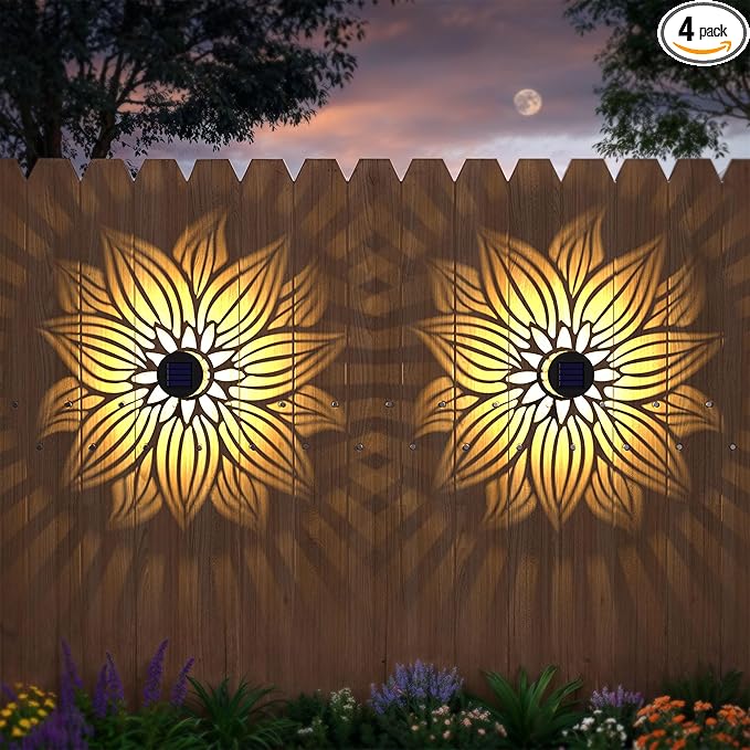 Hapjoy Solar Fence Lights 4 Pack Solar Deck Lamps Outdoor Decorations Powered Step Lights Wall Waterproof LED Warm Decorative Lighting for Garden (Flower, 4)