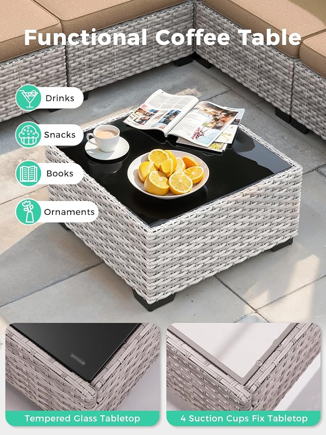 9 Piece Outdoor Patio Furniture Set with Swivel Chairs, 7-Seats Wicker Sectional Sofa Set with Thickened Cushions & Coffee Table for Garden, Backyard, Porch, Beige