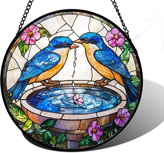 DASTOLL Stained Glass Window Hanging, 2 Blue Birds Suncatcher Diamond Glass Panel Hangings Bird Lover Sun Catchers Decor for Birthday for Women, Men, Wife, Aunt, and Mom 9.8 in