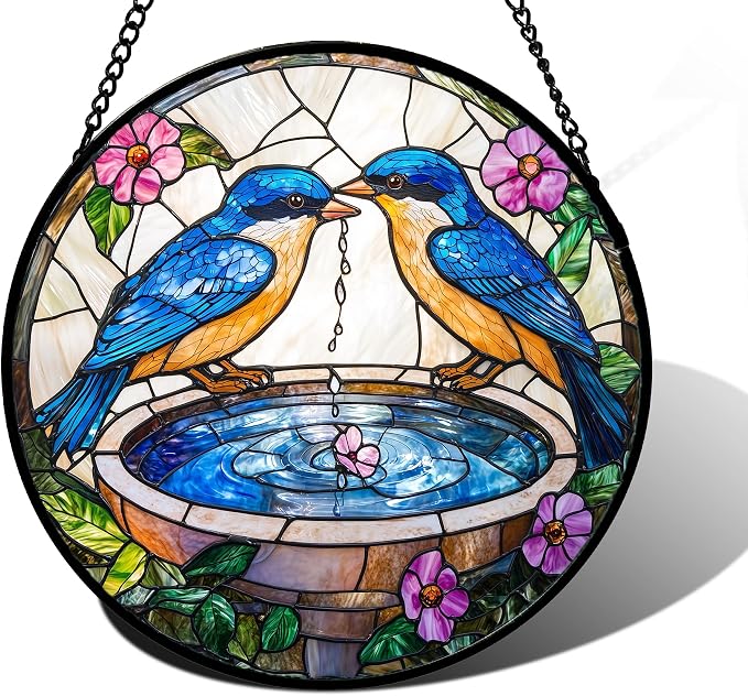 DASTOLL Stained Glass Window Hanging, 2 Blue Birds Suncatcher Diamond Glass Panel Hangings Bird Lover Sun Catchers Decor for Birthday for Women, Men, Wife, Aunt, and Mom 11.8x11.8 in