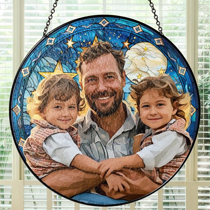 Custom Photo with Fantasy Background, Personalized Stained Glass Window Hanging - Father's Day, Birthday Gift for Dad, Grandpa,Family (Portrait with Background)