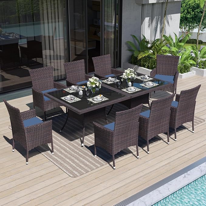 ALAULM 10 Piece Patio Dining Set All-Weather Wicker Outdoor Dining Table and Chairs w/Tempered Glass Tabletop, Removable Cushions and Umbrella Hole for Patio, Backyard, Garden, Poolside -DarkBu