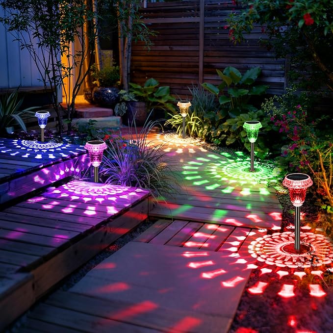 Solar Lights Outdoor Pathway Waterproof, Multicolor Decorative Garden Lights for Walkway Driveway Yard Lawn, Acrylic Solar Powered Landscape Path Lights, 10 Modes (3 White&7 Diverse Colors), 2 Pack