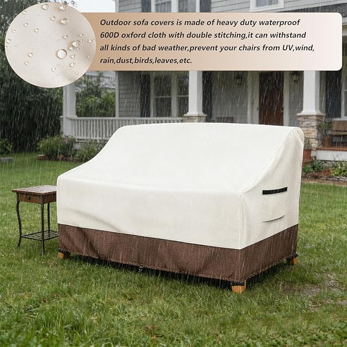 Waterproof Patio Sofa Cover, Heavy Duty 3-Seater Outdoor Couch Cover Size Up to 76W x 32.5D x 33H Inches, Lawn Patio Furniture Covers with Air Vent (Beige)