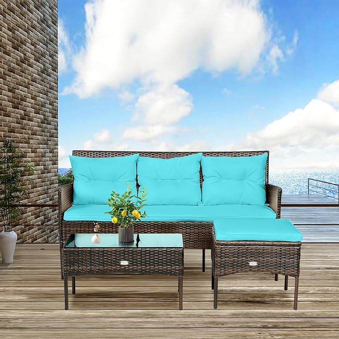 RELAX4LIFE 3 Pieces Patio Furniture Sectional Set, Rattan Wicker Conversation Set W/5 Cozy Seat & Back Cushions, Tempered Glass Coffee Table for Poolside, Backyard Outdoor Furniture (Turquoise)