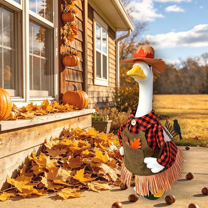 Fall Scarecrow Porch Goose Outfit – 3Pcs Harvest Farmer Costume with Straw Hat, Plaid Shirt Apron & Pitchfork Prop for 23'' Lawn Goose Statue, Outdoor Patio Yard Autumn Thanksgiving Halloween Decor