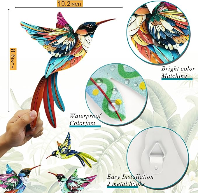 4 Pack Metal Hummingbird Wall Art Decor, 3D Colorful Birds Outdoor Sculpture for Garden Fence, Backyard, Outdoor Wall, Patio and Balcony, Great Gifts for Family Friends