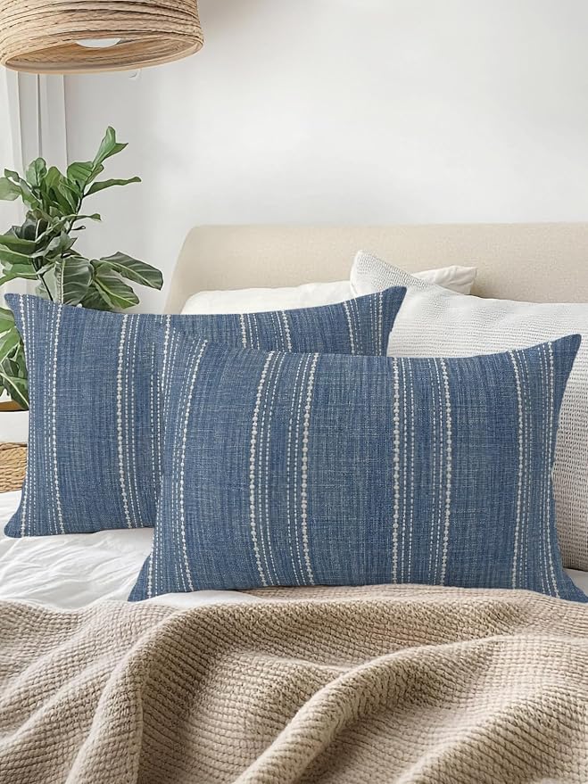 Waterproof Outdoor Pillow 1 Pack Denim Blue Linen Stripes Decorative Throw Pillows Cover & Insert 20x12 Inch Lumbar Pillowcase Parallel Vertical Lines Pillows for Couch Sofa Bed Patio Furniture
