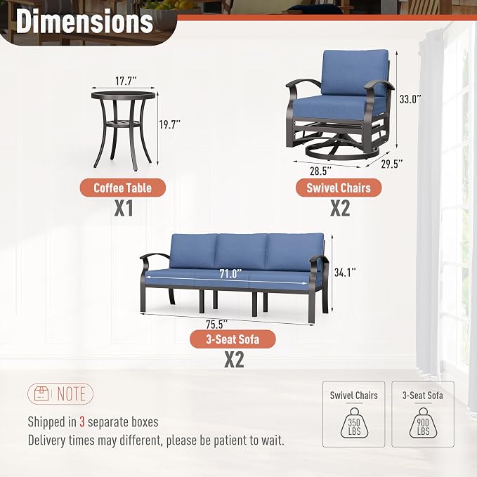 Kurapika Aluminum Patio Furniture Set 8-Seat Modern Metal Outdoor Conversation Sets w/Swivel Rocking Chairs Patio Sectional Sofa w/5.1 Inch Cushion, Navy Blue