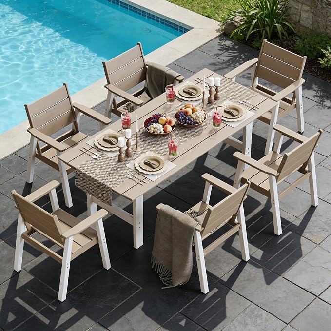 Outdoor Dining Chairs Set of 2,HDPE Patio Chairs with Wide Seat,Ergonomic Design Outdoor Furniture for Porch,Backyard,Deck,White Brown