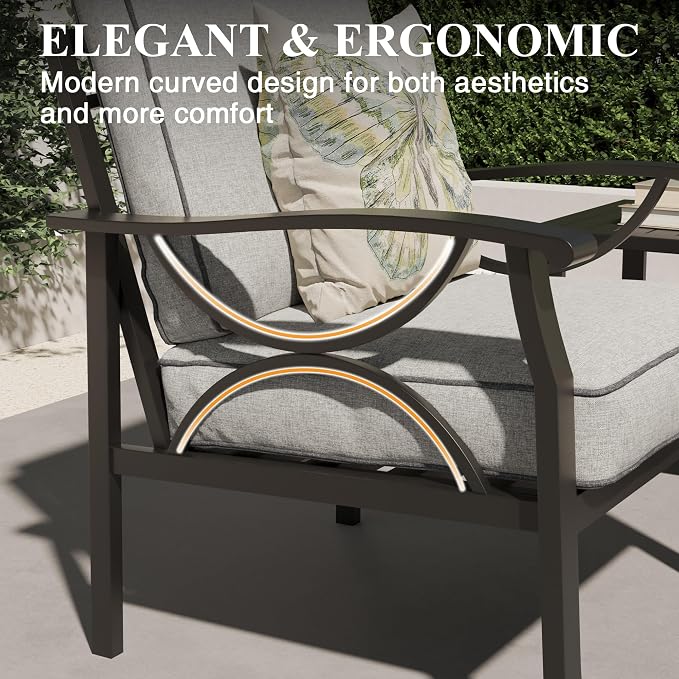 RoyalCraft Outdoor Patio Furniture Set, 4 Piece Patio Conversation Set with Coffee Table, Metal Furniture Set for Porch Backyard Garden, Black