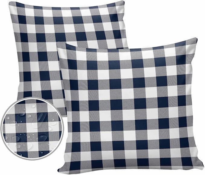 Outdoor Waterproof Throw Pillow Covers Set of 2 Buffalo Plaid Dark Blue Check Pillowcases 16x16 Inches Farmhouse Style Patio Decorative Pillows Cushion Case Patio Pillows for Couch Bed Chair Garden