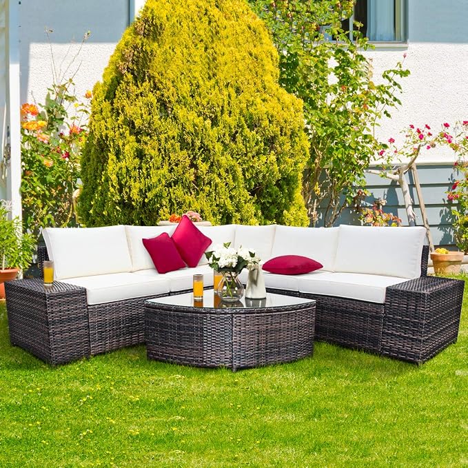 Tangkula 6 Piece Wicker Patio Furniture Set, Outdoor All Weather PE Rattan Conversation Set w/Tempered Glass Coffee Table, Sectional Sofa Set w/Comfortable Cushions for Backyard, Garden (White)