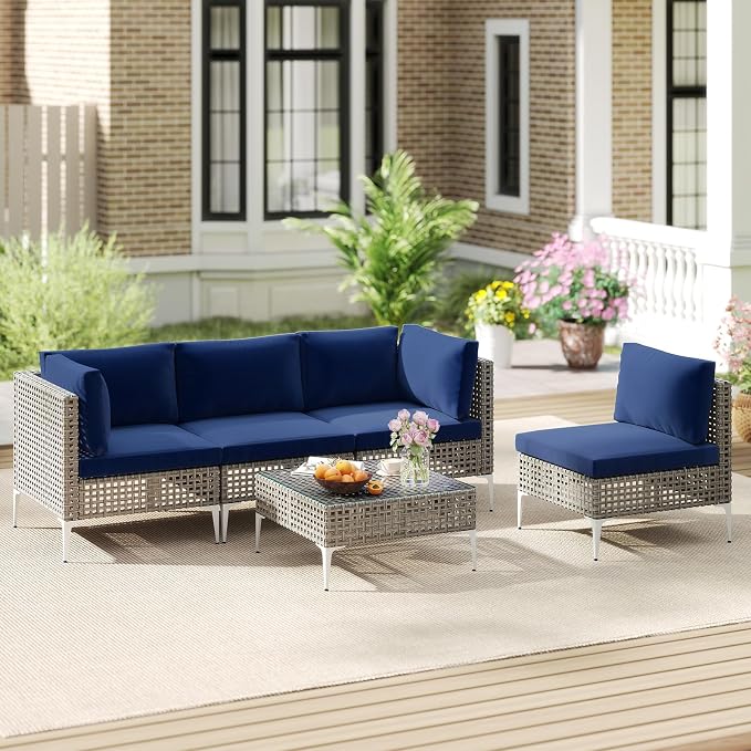Tangkula 5 Piece Outdoor Furniture Set, Patio Wicker Heavy Duty Sectional Cushioned Sofa Set with Tempered Glass Coffee Table for Backyard, Poolside, Porch, Lawn