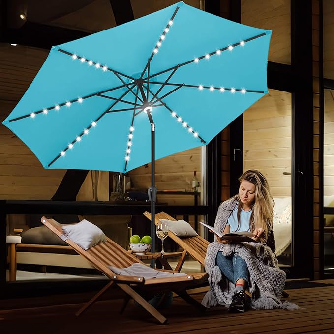 FLAME&SHADE 9 FT outdoor umbrella with 40LED lights, solar light patio umbrella with Centre Surround Light, Table Market Umbrella Outdoor Patiofor Deck, Pool, Backyard, Garden (Aqua Blue)