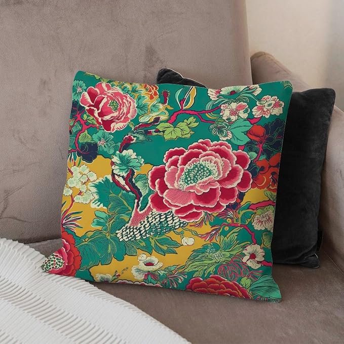 Chinoiserie Red Peony Floral Pillowcase Green and Pink Throw Pillow Cover Rustic Throw Pillow Covers Farmhouse Decorative for Couch Garden Tent Balcony 24x24 in