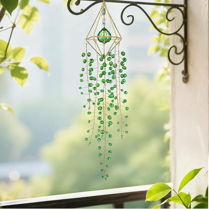 Crystal Suncatcher Glass Wind Chimes Sun Catchers Rainbow Plant Suncatcher | Crystal Beaded Plant Suncatcher for Window Hanging Home Garden Decor (15.4inch,Green)