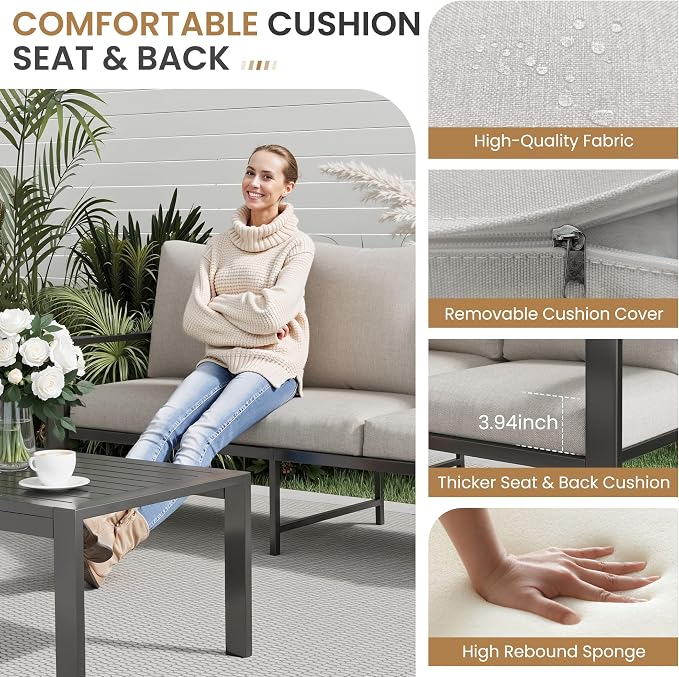 4-Piece Aluminum Outdoor Patio Furniture Sets All-Weather Patio Conversation Set Sectional Sofa with Coffee Table & Cushions with Removable Covers for for Deck Backyard Garden Poolside Balcony Porch