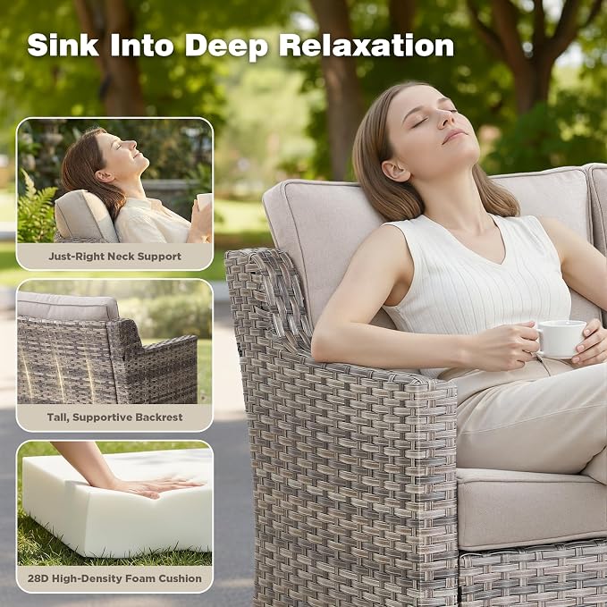Belord Patio Furniture Set with Swivel Chair and 42.5" Fire Pit Table Sofa, Outdoor Furniture Set for Deck Porch Garden, 4 Piece Conversation Set,Beige