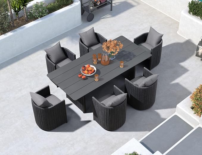 PURPLE LEAF Aluminum Patio Dining Set for Luxury Homeowners, 7-Piece Outdoor Dining Furniture Table and Chairs with Olefin Cushions and Pillows for Backyard Parties and Poolside Hosting Grey