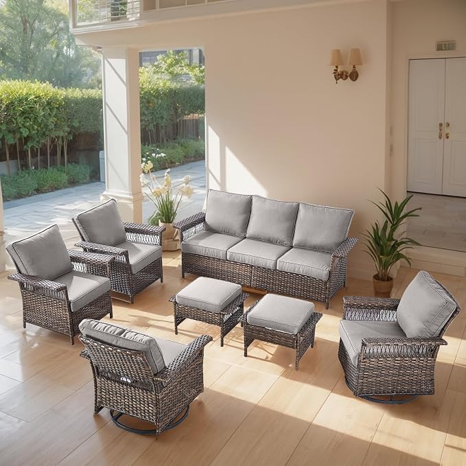Patio Furniture Set 2 Wicker Swivel Glider Chairs 2 PE Rattan Chairs and 2 Ottomans with Grey Cushions Patio PE Rattan Side Table Brown Wicker Patio Conversation Set 7pcs for Patio