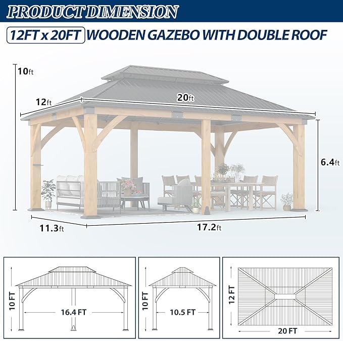 COVERONICS 12FT x 20FT Outdoor Spruce Wood Gazebo - Patio Wooden Frame Gazebo with Galvanized Steel Double Roof, Heavy-Duty Hardtop Gazebos for Garden, Poolside, Deck, Backyard