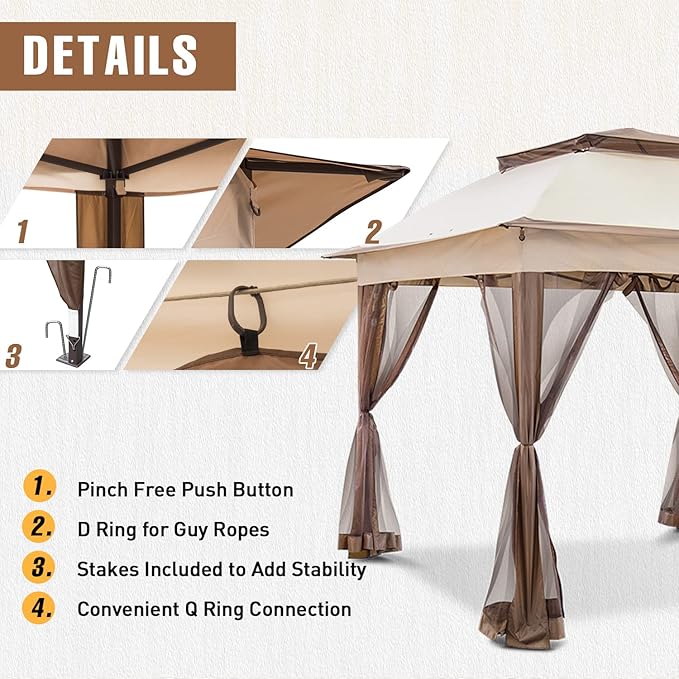 11x11 Pop Up Gazebo Tent with Mesh Netting, Instant Outdoor Canopy with UPF 50+ UV Protection, Water Resistant, Beige