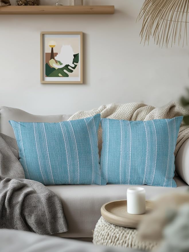 Waterproof Outdoor Pillow Set of 2 Blue Linen Stripes Decorative Throw Pillows Cover & Insert 18x18 Inch Pillowcase Parallel Vertical Lines Pillows for Couch Sofa Bed Patio Furniture Indoor Outdoor