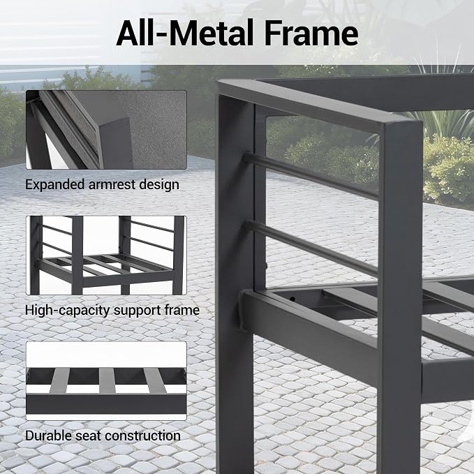4-Piece All-Weather Metal Patio Furniture Set, Sectional Conversation Sofa w/Coffee Table, Heavy Duty Steel Frame & Washable Cushions for Backyard Garden (Grey, Furniture Set（Straight）)