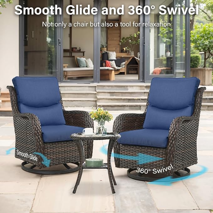 Outdoor Swivel Rocker Patio Chairs with 2 Ottomans - 5" Thick Cushion 4 Piece Furniture Set All Weather Comfortable Wicker Conversation Set for Porch Poolside and Deck - Brown-Blue