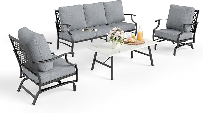 MIXPATIO Patio Furniture Set 4 pcs, Outdoor Patio Furniture, 3-Seat Sofa, 2 Rocking Chairs, Metal Coffee Table and 5.75" Extra Thick Cushion, Patio Conversation Set for Garden Backyard Deck,Grey