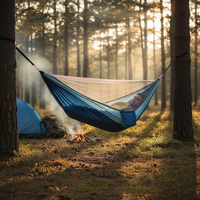 YSUEFIJO Travel Hammock with Mosquito Net, Hanging Hammock for Outdoor Adventures, Camping Hammock Perfect for Backpacking Or Patio, Foldable and Lightweight, Supports 250kg