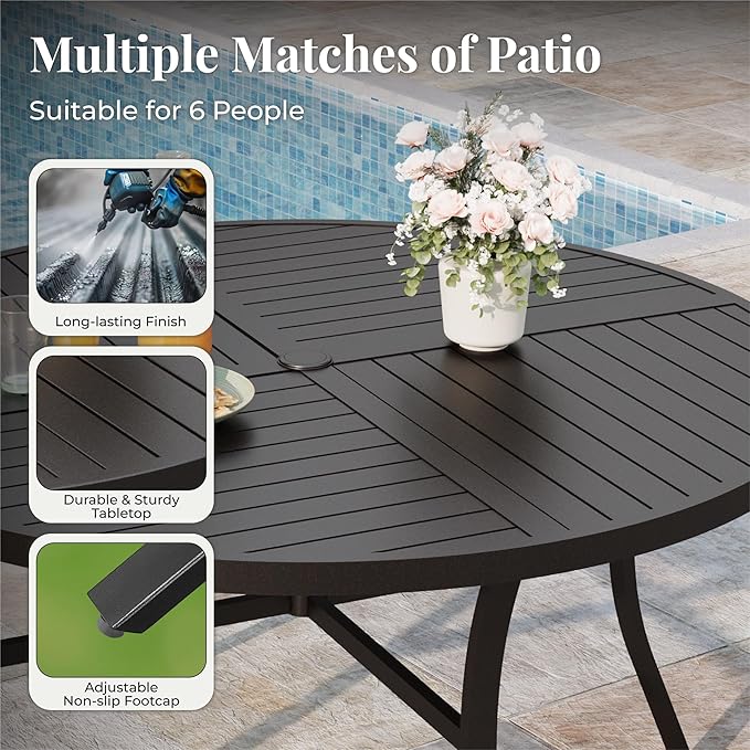 MIXPATIO 7 Pieces Outdoor Table and Chairs, Patio Dining Set for 6 Includes 54" Round Outdoor Table and 6 Patio Chair Set, Outdoor Dining Furniture Set for Lawn Backyard Deck, Red