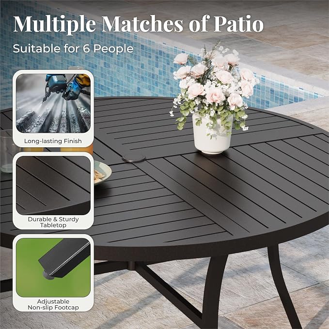MIXPATIO 7 Pieces Outdoor Table and Chairs, Patio Dining Set for 6 Includes 54" Round Outdoor Table and 6 Blue Patio Chairs, Outdoor Dining Furniture Set for Lawn Backyard Deck,